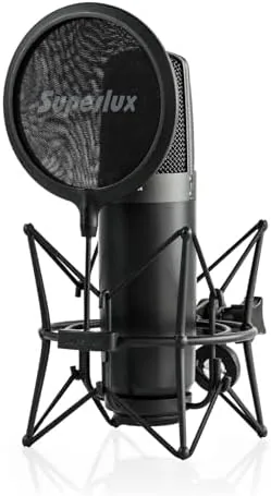 The Superlux CMH8AMKII microphone mounted on the included shock mount