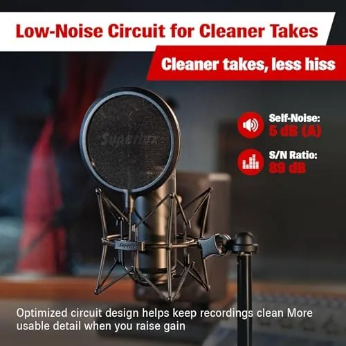 The shock mount, pop filter, and XLR cable arranged from the kit