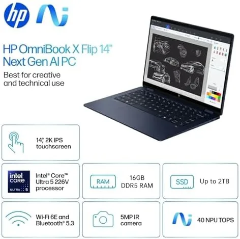 Detail shot of the HP OmniBook X Flip 14 2-in-1 Laptop, Laptop Touchscreen 14" features