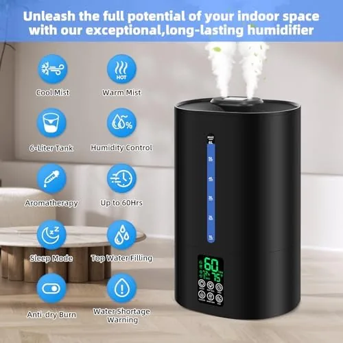 The humidifier running at night in a dim bedroom with the soft indicator light glowing