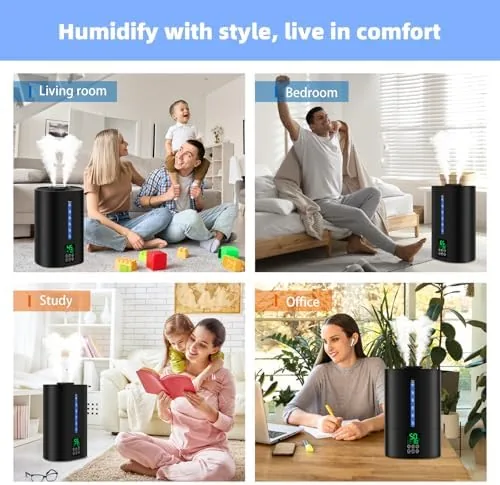 The author recording humidity readings with a handheld hygrometer beside the running humidifier