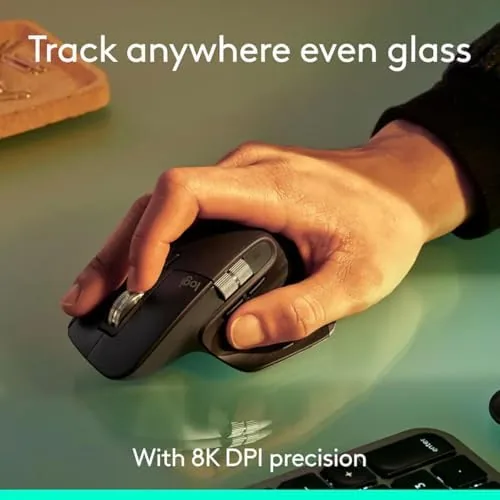 The MX Master 3S tracking on a clear glass desk surface