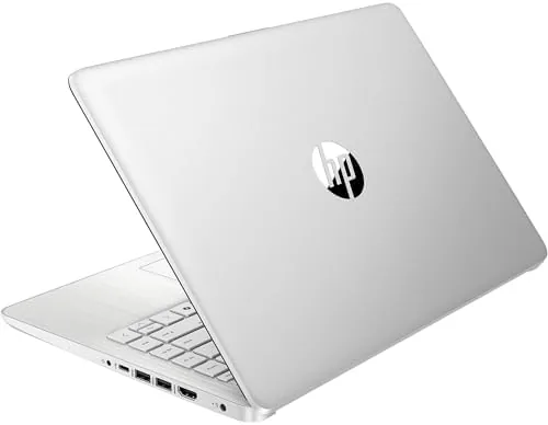The HP Stream 14 open on a desk in silver finish
