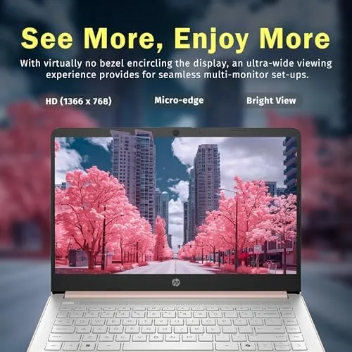 Detail shot of the HP Stream 14" HD Laptop, Intel Processor N150, 4GB RAM features