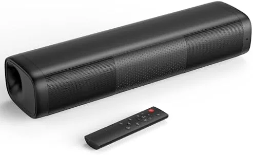 The Saiyin 11.7 inch sound bar sitting under a TV with the remote in front