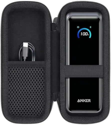The hard shell travel case for the Anker Prime power bank sitting closed on a table