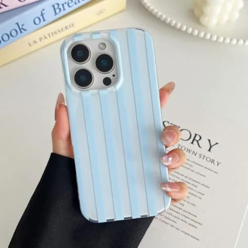 Another view of the ZTOFERA Cute Vertical Striped Case for iPhone 13/14,Blue&White | Raised