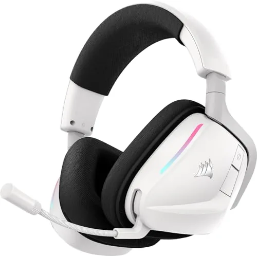 The dual tone Corsair Void v2 wireless headset on a stand beside a PC and a console