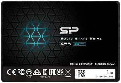 Silicon Power A55 1TB SSD sitting on a desk with packaging