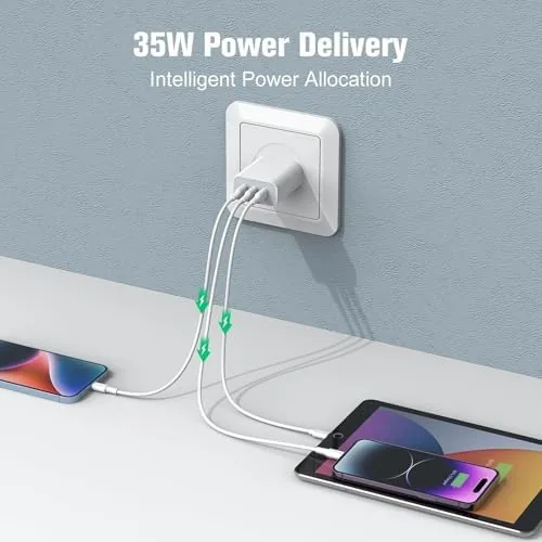 Detail shot of the USB C Charger Block, Amoner 35W 3-Port PD Fast Charger features