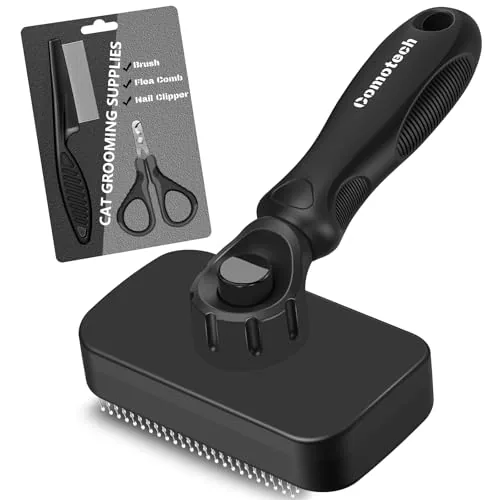 Three piece black cat grooming kit laid out on a table