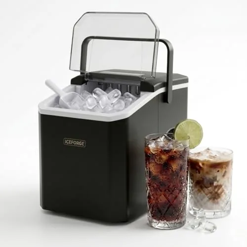 The black countertop ice maker sitting on a kitchen counter with its basket full of ice