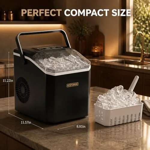 The ice maker on a desk in a home office with a glass of iced tea nearby