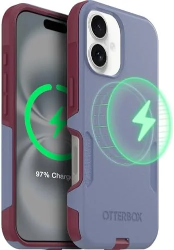 The OtterBox Commuter case in Berry Seriously fitted on an iPhone 16
