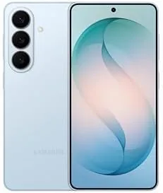 Samsung Galaxy S26 in Sky Blue standing upright on a desk
