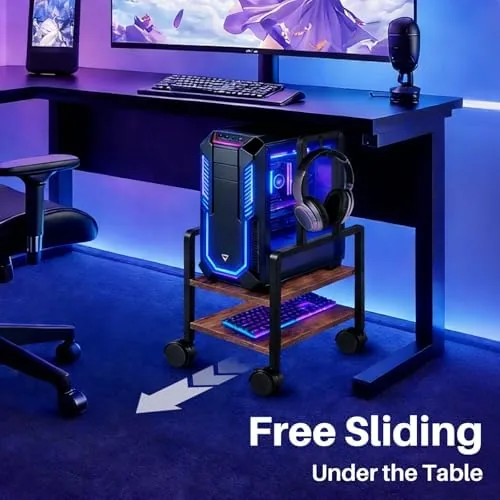 The Adjustable 2-Tier PC Stand, Computer Tower Stand with 360° Locking in real use