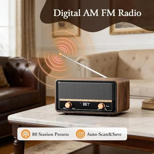 The Vintage Wooden AM FM Radio Bluetooth Clock Radio for Bedroom in real use