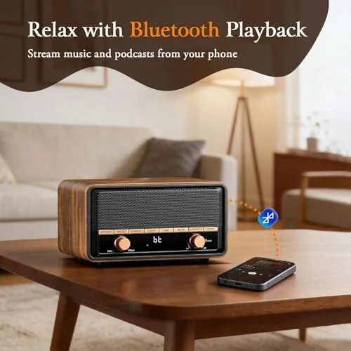 Another view of the Vintage Wooden AM FM Radio Bluetooth Clock Radio for Bedroom