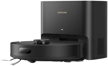The dreame D20 Air Plus robot vacuum sitting on its self emptying dock in a living room