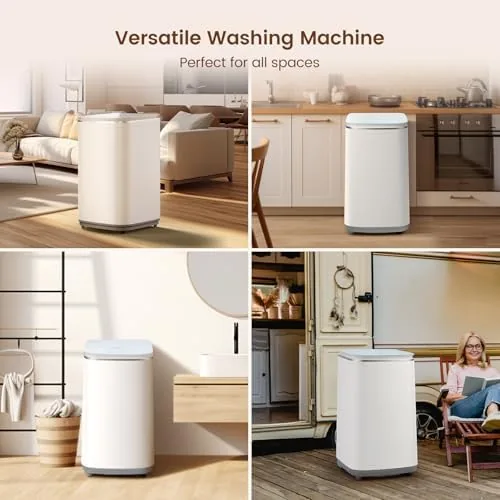 The portable washer stored on a closet shelf between laundry days
