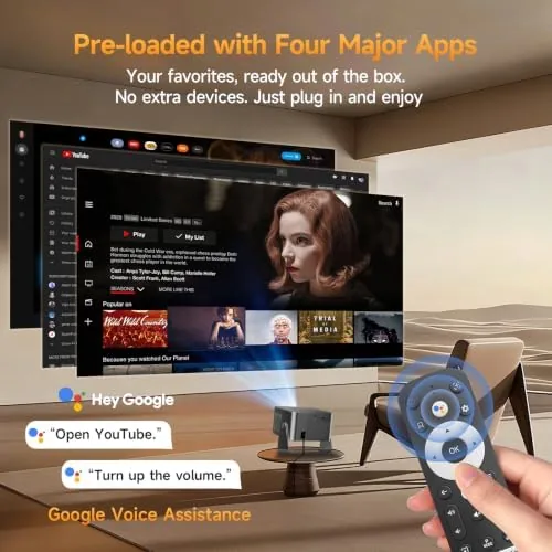Detail shot of the Alwtniet HY350GT Projector with Google TV, WiFi 6, Bluetooth 5.4 features