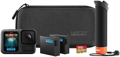 The GoPro HERO13 Black camera with its accessory bundle laid out on a table