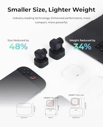 Detail shot of the OBSBOT Tiny 3 Lite AI-Powered Spatial Audio 4K Webcam features