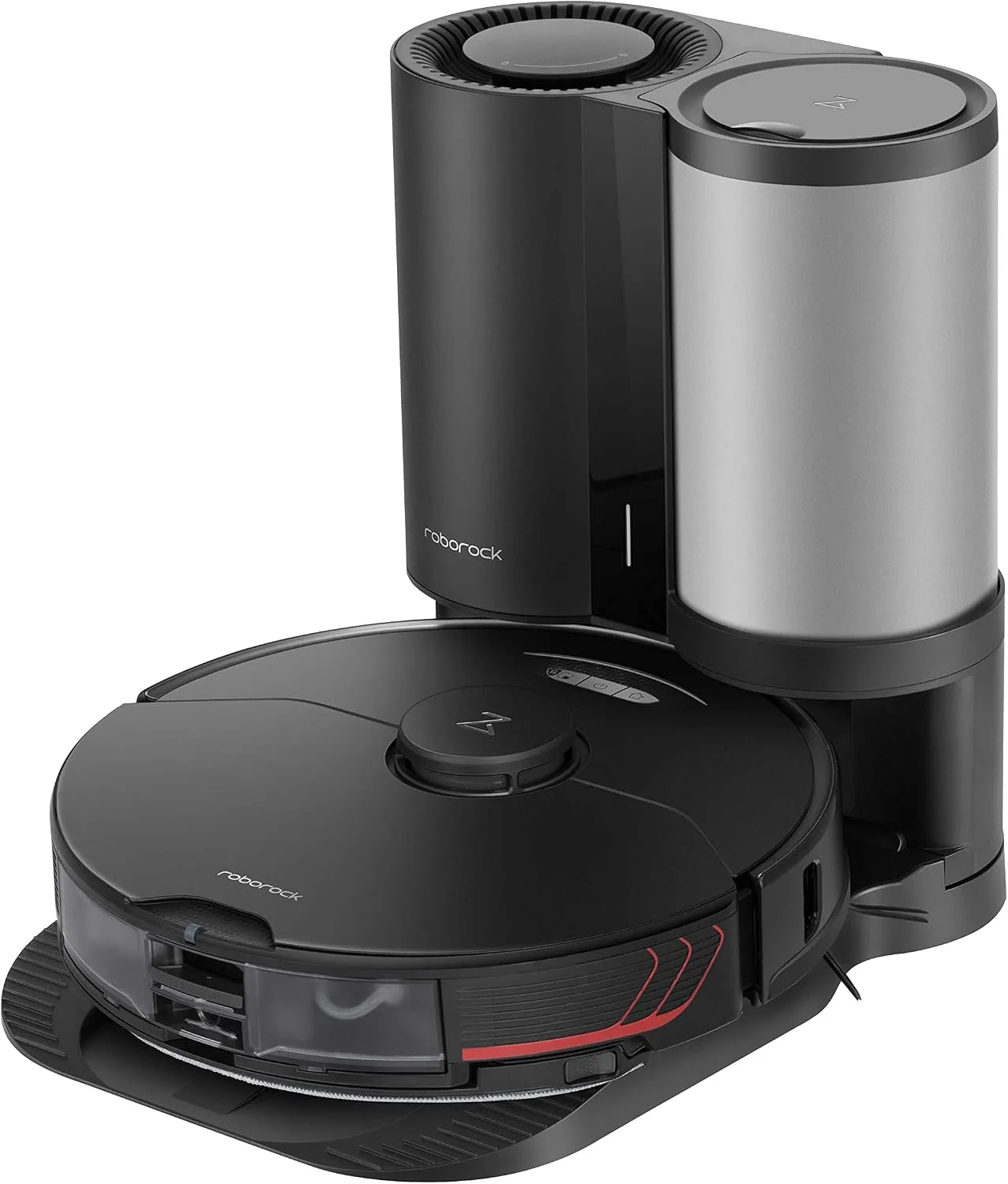 Roborock Saros 20 unboxing showing the robot, dock base, mop pads, and power cable