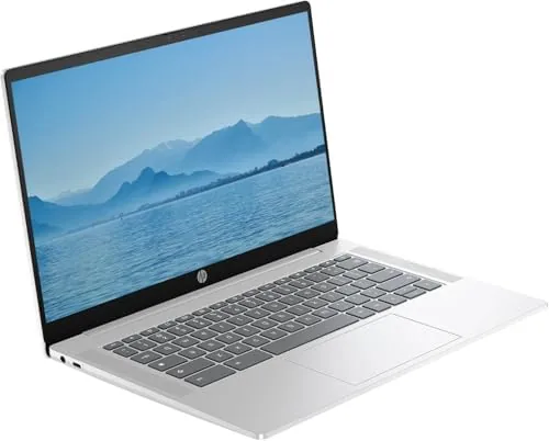 A side view of the Chromebook showing the USB ports, headphone jack, and the thin profile