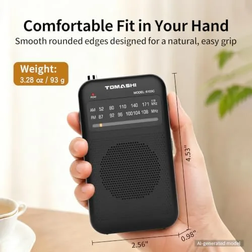 Another view of the TOMASHI Portable AM FM Radio, Pocket Battery Operated Transistor Radio