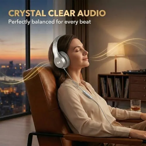Detail shot of the Wired Over Ear Headphones with Mic, USB-C Adapter, Silver | features