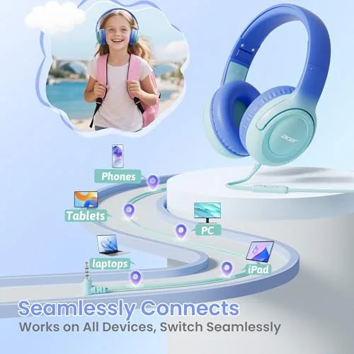 Another view of the Acer Kids Headphones for School, 85-94dB Limiter, 3.5mm Jack, w/Mic