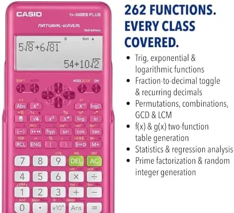 The Casio FX-300ESPLSBPKWAIT Scientific Calculator, Pink | 262 functions, natural textbook in real use