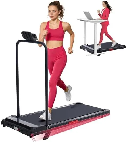Compact walking pad treadmill folded under a desk