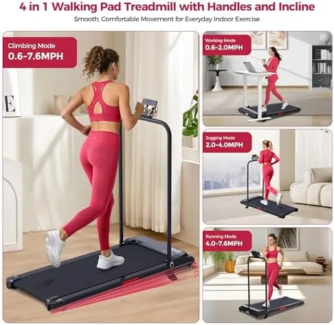 Walking pad with the handle bar raised showing the control display