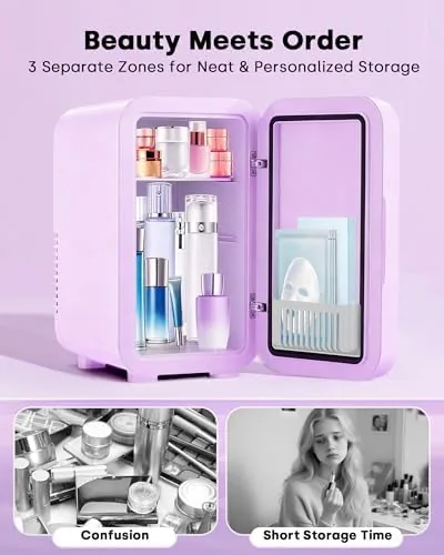 The Enventor Mini Fridge with Dimmable LED Mirror, 6L/8Can, AC/DC Power in real use