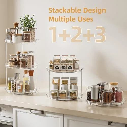 Spice jars arranged on both tiers of the rotating organizer
