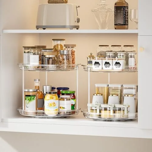 A neatly organized medicine cabinet using the rotating organizer