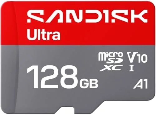 SanDisk 128GB Ultra microSD card in its packaging with an adapter