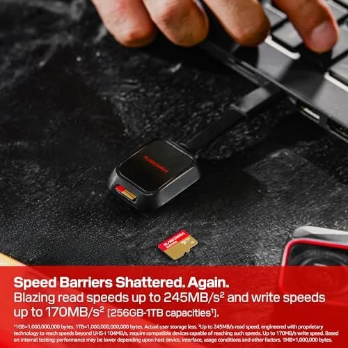 Detail shot of the SANDISK 128GB Extreme microSD UHS-I Card - Up to 245MB/s features