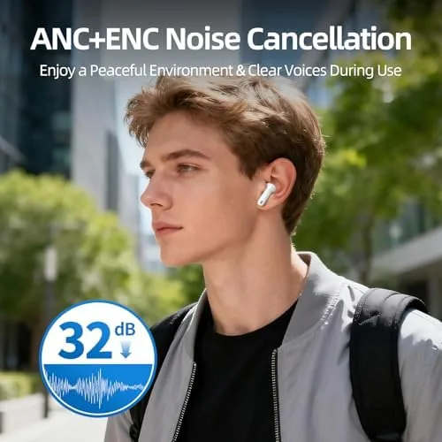 Detail shot of the Wireless Earbuds, 100H Bluetooth 5.4 Headphones, ENC+ ANC Noise Cancelling features