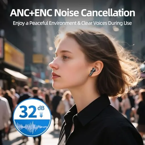 Detail shot of the Wireless Earbuds, 100H Bluetooth 5.4 Headphones, ENC+ ANC Noise Cancelling features