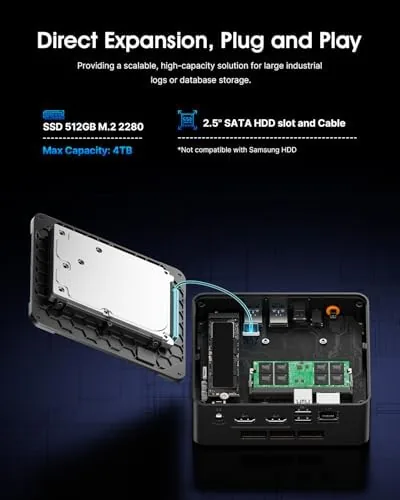 The mini PC compared side by side with a large desktop tower