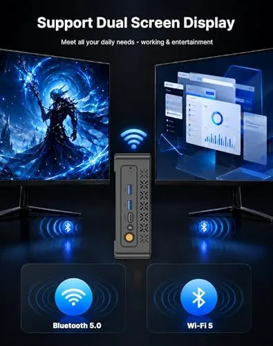 The mini PC tucked behind a monitor using a VESA mount