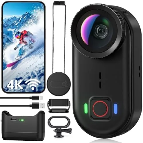 Thumb sized 4K mini body camera in a hand for scale