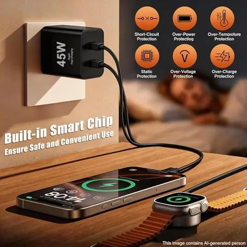 Detail shot of the 45W Dual Type C Charger Fast Charging for Samsung,PD 3.0 features