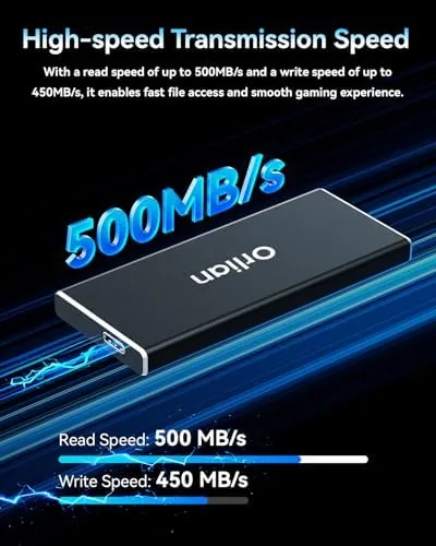 Detail shot of the Orlian 500GB External Portable SSD Solid State Drive USB 3.1 features
