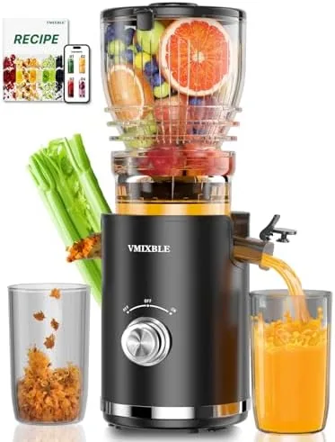 White cold press masticating juicer assembled on a kitchen counter