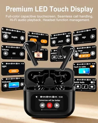 Close look at the Wireless Earbuds Bluetooth Headphones with LED Touchsceen, Black | IPX7 build quality