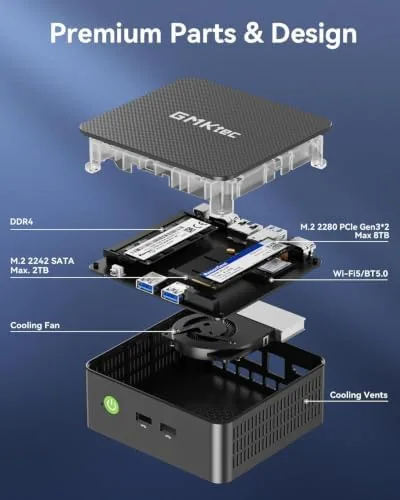 The GMKtec G3S next to a full desktop tower for scale